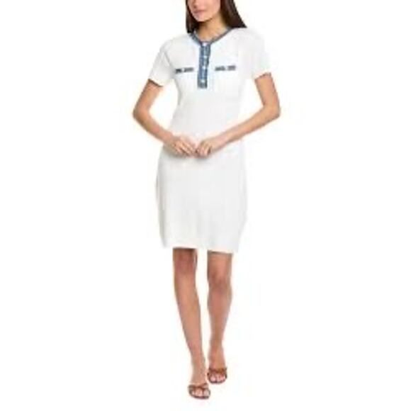 Nanette Lepore Ribbed T-Shirt Dress White Denim Pearls Sz M - Picture 1 of 10